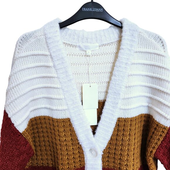 Adyson Parker Colorblock V-Neck Cardigan Tomato Red Golden Brown Cream Sz M - Picture 3 of 15